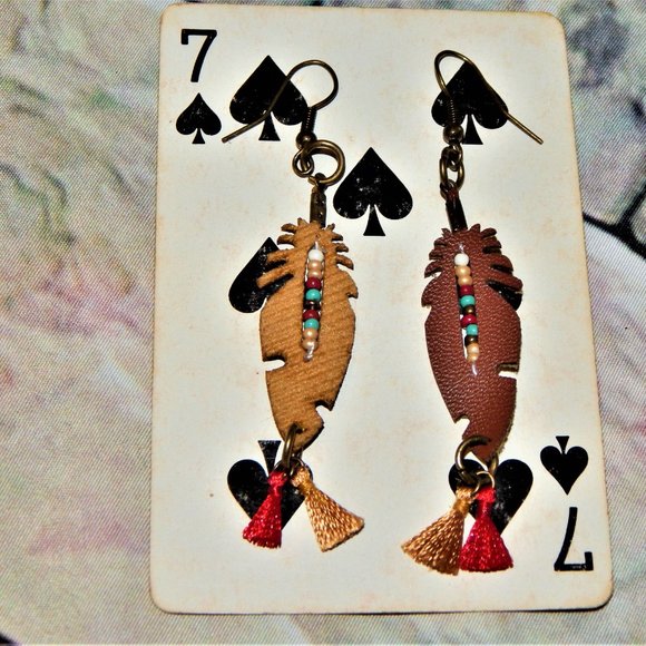 New BoHo Leather Feather Beaded Tasseled Earrings - Picture 7 of 8